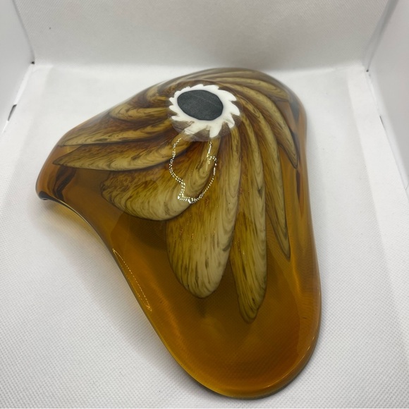 Art Glass Dish Princess House Burnt  Gold Flake Cream Flower Center MCM - Picture 6 of 12